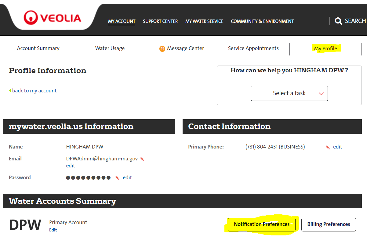 Veolia Profile Notification Preferences